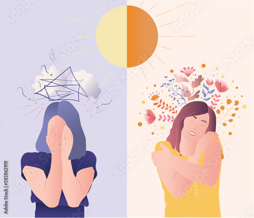 Healthy mentality and self care illustration. Happy woman feel confident, relax, accept and love herself. Selfcare and acceptance concept and sad  woman feel confused and overwhelmed. Vector illustrat