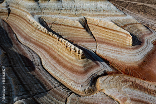 Aerial of multicoloured layers of sandstone, Kyzylkup, Mangystau, Kazakhstan