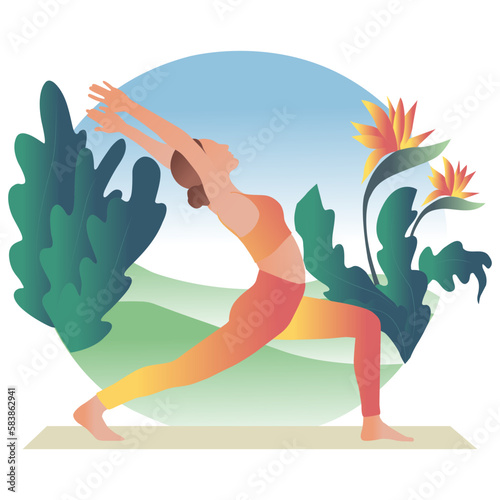 Young woman doing yoga exercises  practicing meditation and stretching on the mat. Physical and spiritual practice. Vector illustration in flat cartoon style.