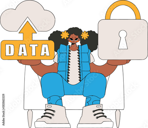 Girl with cloud and padlock . secure data storage.