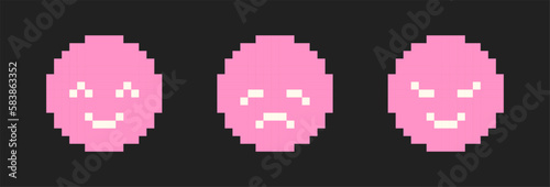 Pink and White Emo Pixel 8bit Smileys Set. Happy, smiling, sad, crying and angry emojies, emotions. Brutalism (Full vector)