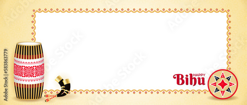 Happy Bihu Assam New Year Horizontal Banner. Space for text. Traditional India Harvest Festival Vector Illustration. Drum (onoinya), horn (pepa), bamboo hat (japi). Magh, Bhogali, Rongali or Kati Bihu