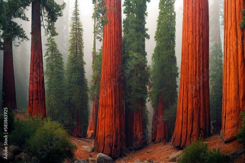 Giant redwood trees in haze of sequoia forest, created with generative ai photo