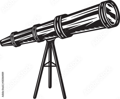 Vintage retro telescope. Can be used for logo, badge, label. mark, poster or print. Monochrome Graphic Art Woodcut lincut old stylization. photo