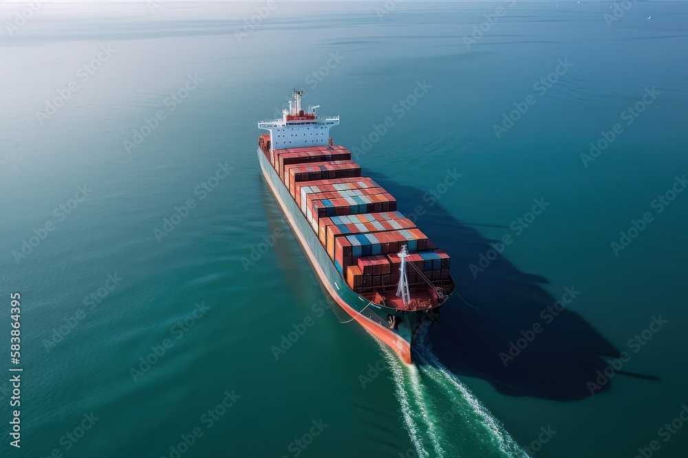 Aerial drone photo of industrial truck size container cargo ship cruising open ocean sea. Generative ai