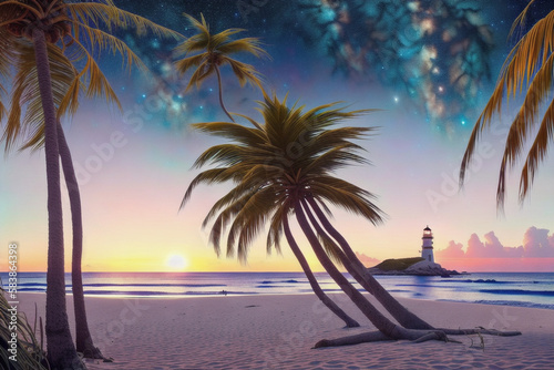 The white sandy beach stretches for miles, surrounded by clear blue water, palm trees swaying in the breeze and the sun setting on the horizon. you can see the waves of the milky way in the distance.