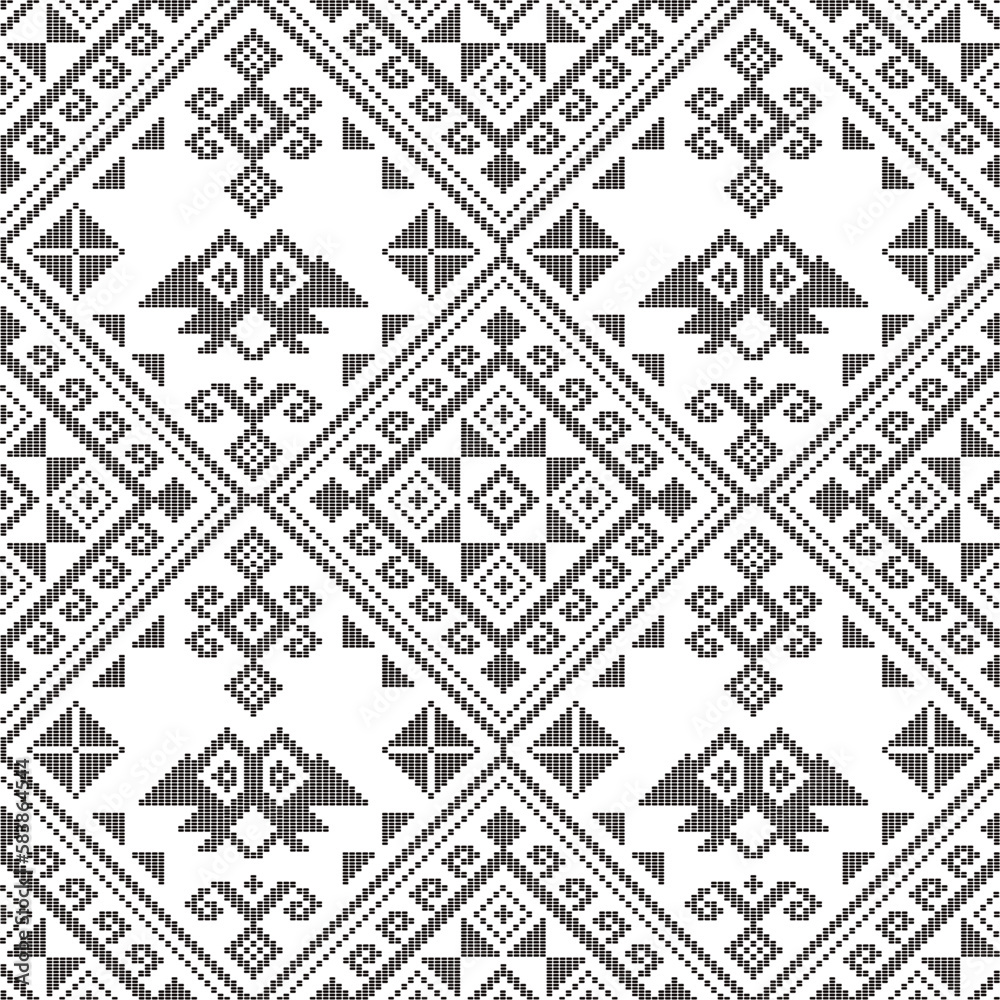 Filipino folk art - Yakan cloth inspired vector seamless pattern, traditional textile or fabric print design from Philippines in black and white