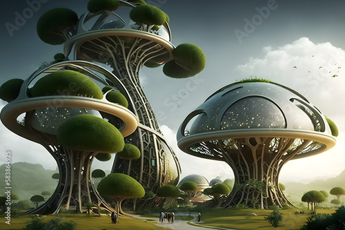 Futuristic green village. Generative AI photo