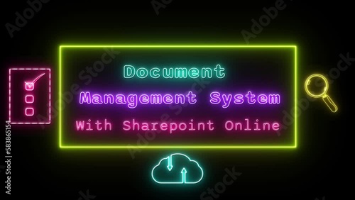 document management system with sharepoint online Neon pink-blue Fluorescent Text Animation yellow frame on black background photo