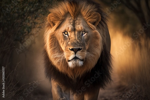 photo of big male lion in nature  generative ai