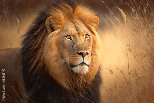 photo of big male lion in nature, generative ai