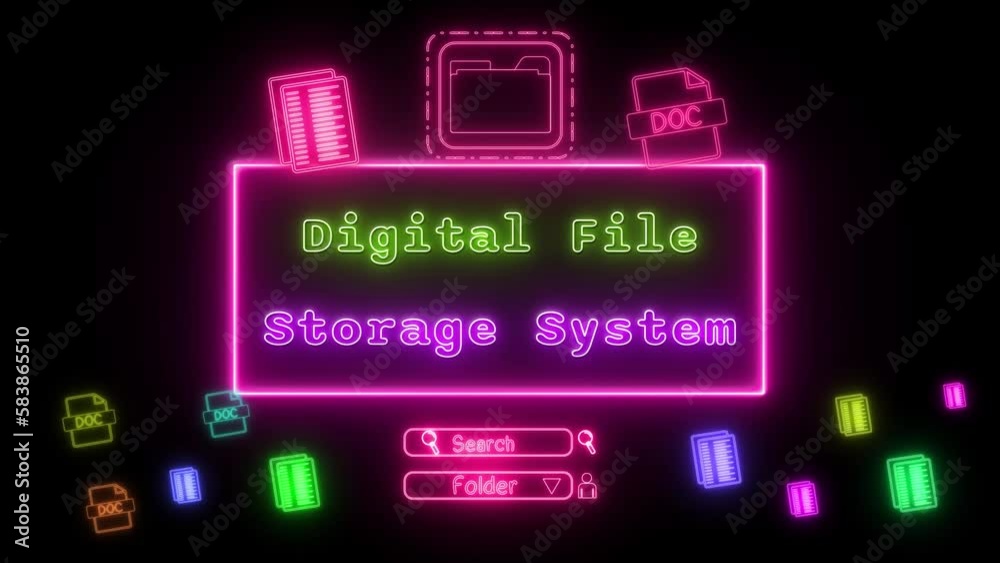 digital file storage system Neon gyellow-pink Fluorescent Text Animation pink frame on black background digital file storage system Neon gyellow-pink Fluorescent Text Animation pink frame on black background
