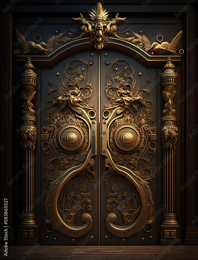 Massive wooden door with golden ornaments (generative AI) Massive wooden door with golden ornaments (generative AI)