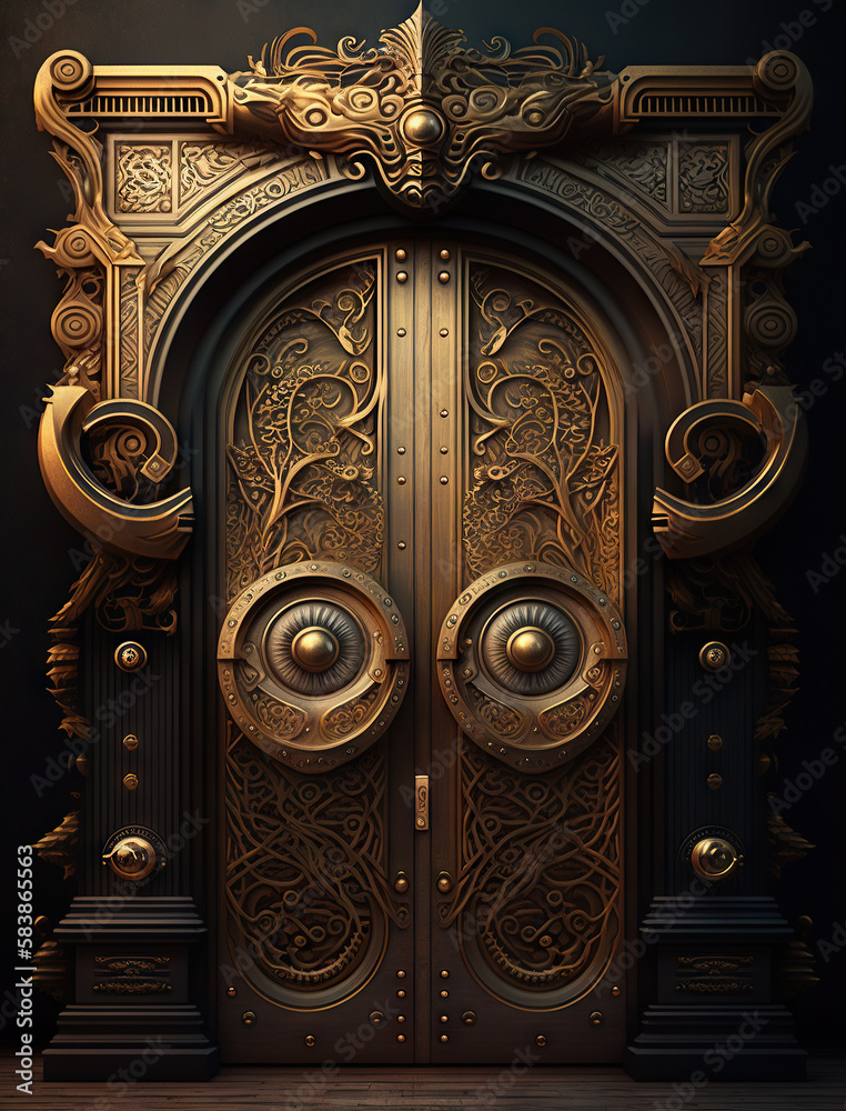 Massive wooden door with golden ornaments (generative AI) Massive wooden door with golden ornaments (generative AI)