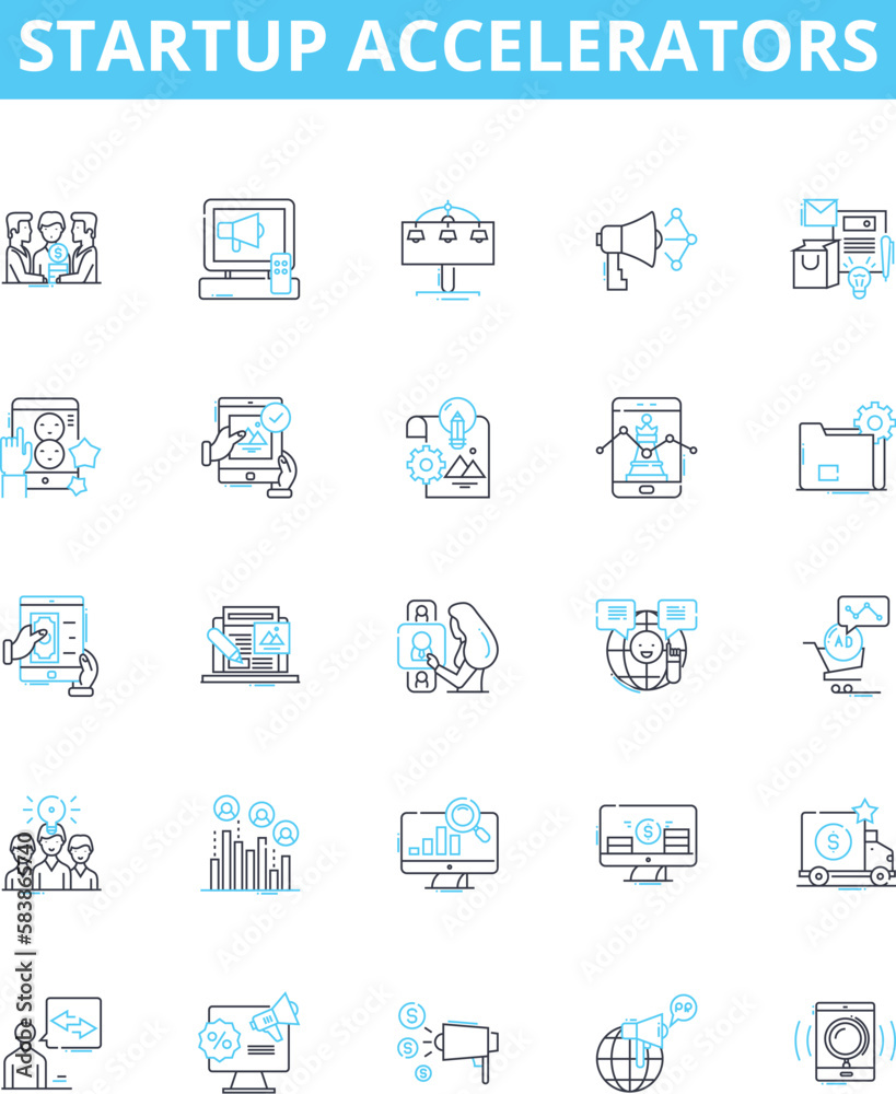 Startup Accelerators vector line icons set. Incubator, Investing, Mentoring, Fundraising, Accelerator, Innovation, Networking illustration outline concept symbols and signs Startup Accelerators vector line icons set. Incubator, Investing, Mentoring, Fundraising, Accelerator, Innovation, Networking illustration outline concept symbols and signs