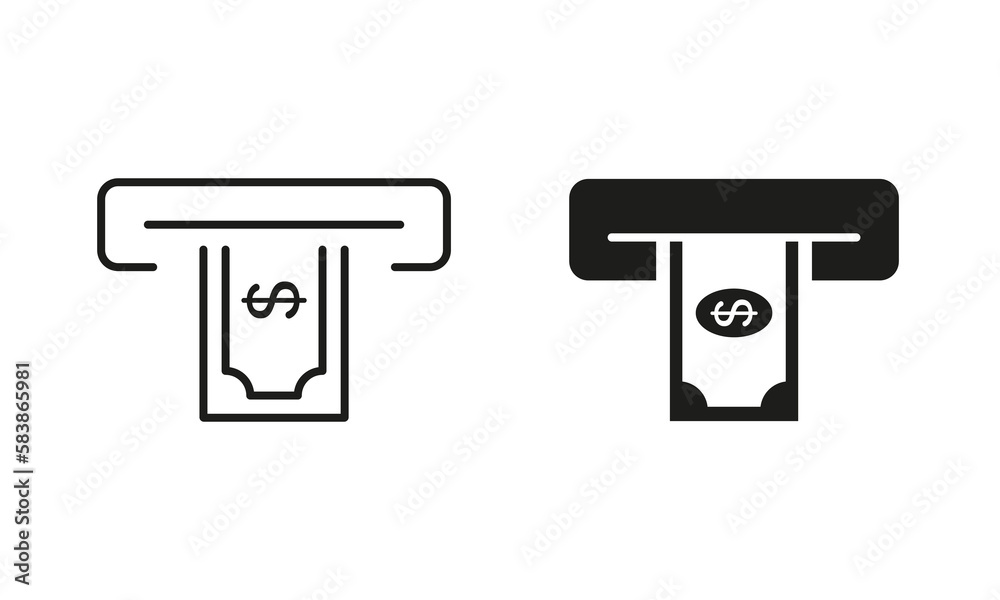 Withdraw Money in ATM Line and Silhouette Icon Set. Removing and Insert Cash to ATM Bank Service Pictogram. Payment Transaction Symbol Collection on White Background. Isolated Vector Illustration Withdraw Money in ATM Line and Silhouette Icon Set. Removing and Insert Cash to ATM Bank Service Pictogram. Payment Transaction Symbol Collection on White Background. Isolated Vector Illustration