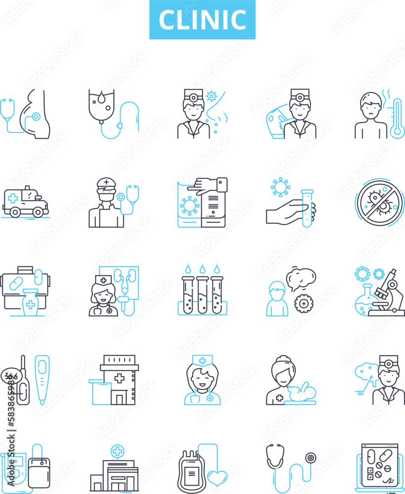 Clinic vector line icons set. Clinic, Medical, Healthcare, Outpatient, Treatment, Diagnostic, Surgery illustration outline concept symbols and signs Clinic vector line icons set. Clinic, Medical, Healthcare, Outpatient, Treatment, Diagnostic, Surgery illustration outline concept symbols and signs