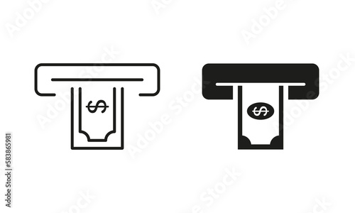 Withdraw Money in ATM Line and Silhouette Icon Set. Removing and Insert Cash to ATM Bank Service Pictogram. Payment Transaction Symbol Collection on White Background. Isolated Vector Illustration