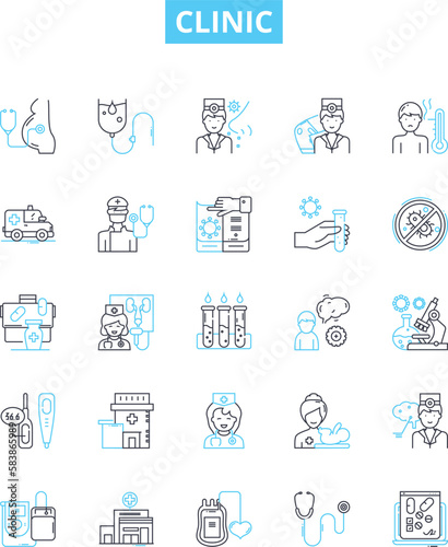 Clinic vector line icons set. Clinic, Medical, Healthcare, Outpatient, Treatment, Diagnostic, Surgery illustration outline concept symbols and signs