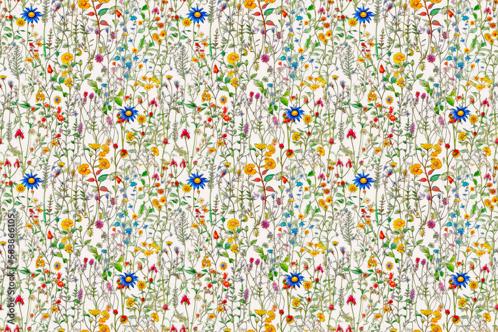 Seamless floral pattern with a various small blooming flowers. AI generated. Seamless floral pattern with a various small blooming flowers. AI generated.