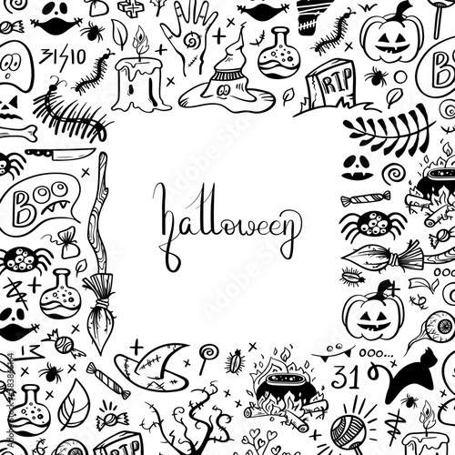 Vector hand drawn background. Set Halloween pictures in doodle style. Line art illustrations
