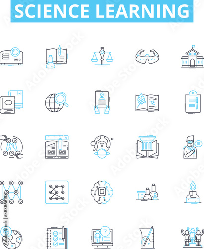 Science learning vector line icons set. Science, Biology, Chemistry, Physics, Astronomy, Earth science, Geology illustration outline concept symbols and signs