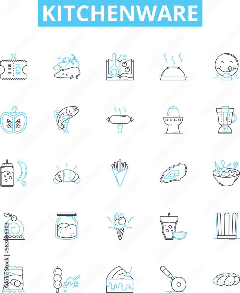 Kitchenware vector line icons set. Cookware, Utensils, Cutlery, Plateware, Appliances, Crockery, Pots illustration outline concept symbols and signs Kitchenware vector line icons set. Cookware, Utensils, Cutlery, Plateware, Appliances, Crockery, Pots illustration outline concept symbols and signs