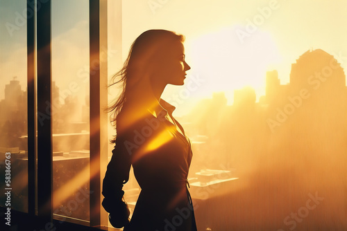 business and people concept - silhouette of woman in front of office window at sunset. GEnerative AI illustration