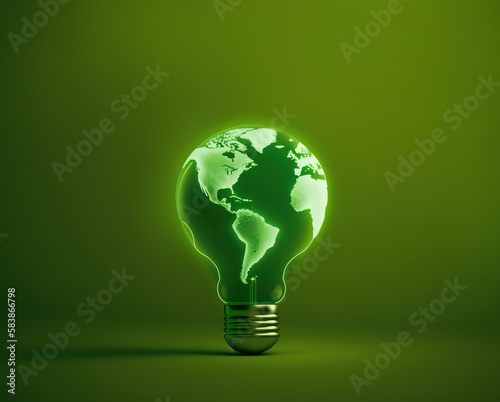 Green Light bulb with planet Earth . Generative AI illustration