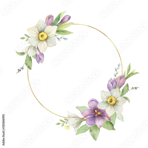 Watercolor vector golden frame with flowers and leaves.
