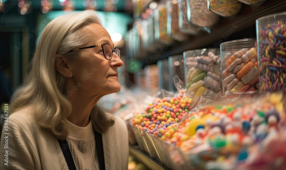Senior citizen in a candy store looking at rows of colorful candy choices reminiscing created with Generative AI technology