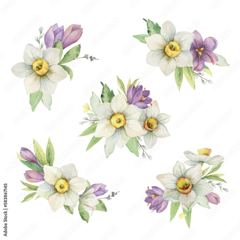 A set of watercolor vector bouquets with flowers and leaves.