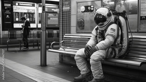 Astronaut cosmonaut sitting at bus stop Generative AI