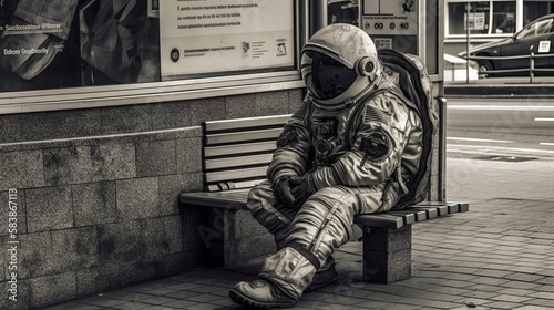 Astronaut cosmonaut sitting at bus stop Generative AI