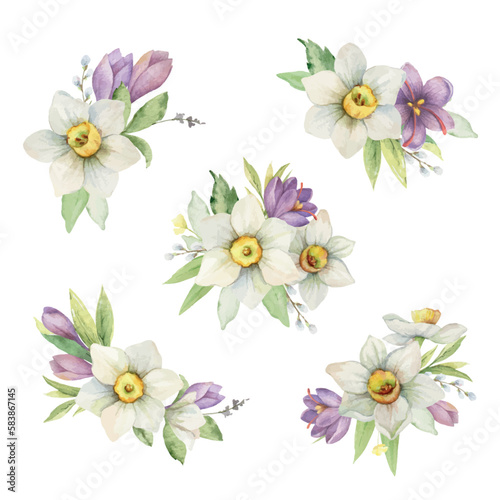 A set of watercolor vector bouquets with flowers and leaves.