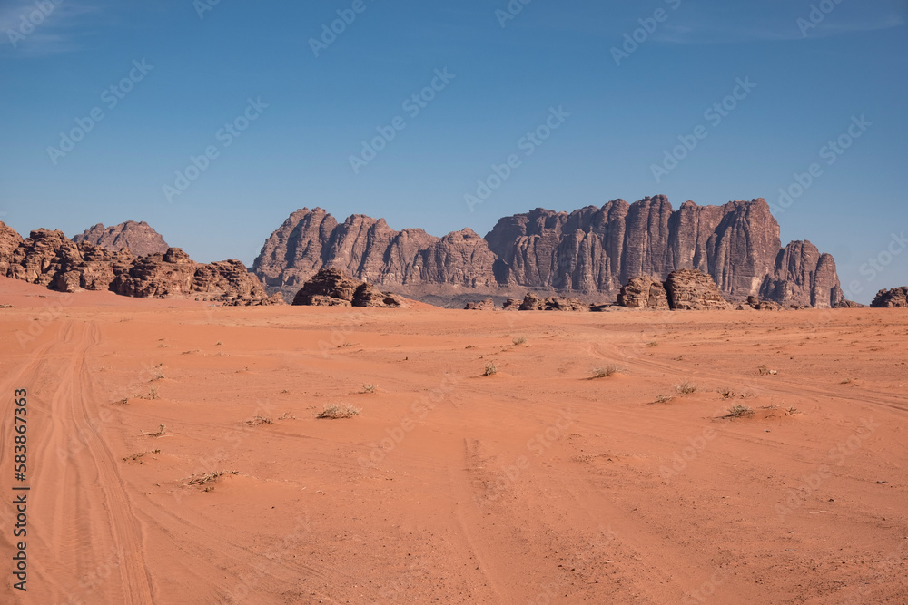 Red rocks and mountains in the Wadi Rum desert, UNESCO World Heritage Site, Jordan Red rocks and mountains in the Wadi Rum desert, UNESCO World Heritage Site, Jordan