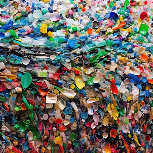 A pile of plastic trash. Micro plastics pollution. Colorful pile of plastic garbage. Generative AI © holidayonmars