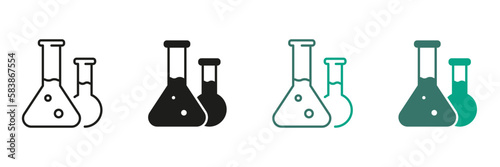 Glass Tube for Chemical Lab Pictogram. Laboratory Equipment, Pharmacy Symbol Collection. Flask Line and Silhouette Icon Set. Biology Analysis Beaker Black and Color Sign. Isolated Vector Illustration