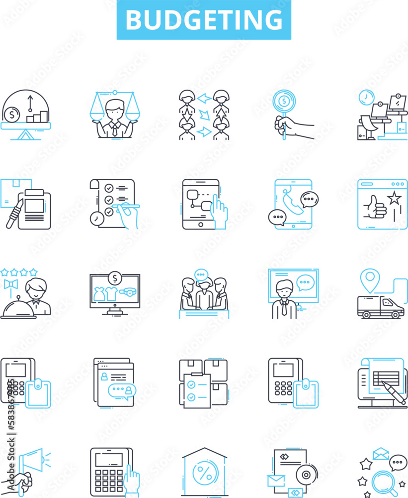 Budgeting vector line icons set. budgeting, plan, finance, money, saving, cost, income illustration outline concept symbols and signs Budgeting vector line icons set. budgeting, plan, finance, money, saving, cost, income illustration outline concept symbols and signs