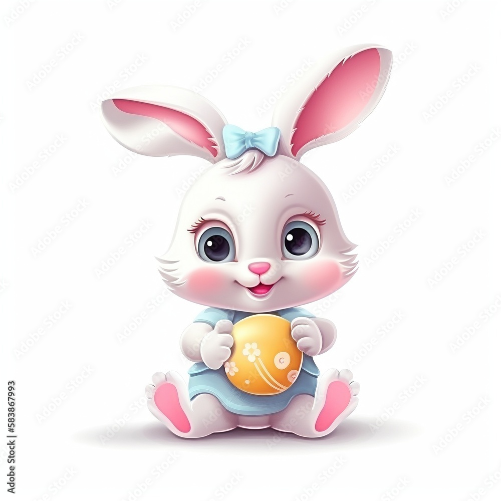 Fototapeta premium Cute Cartoon Easter Bunny holding an Egg, Generative AI