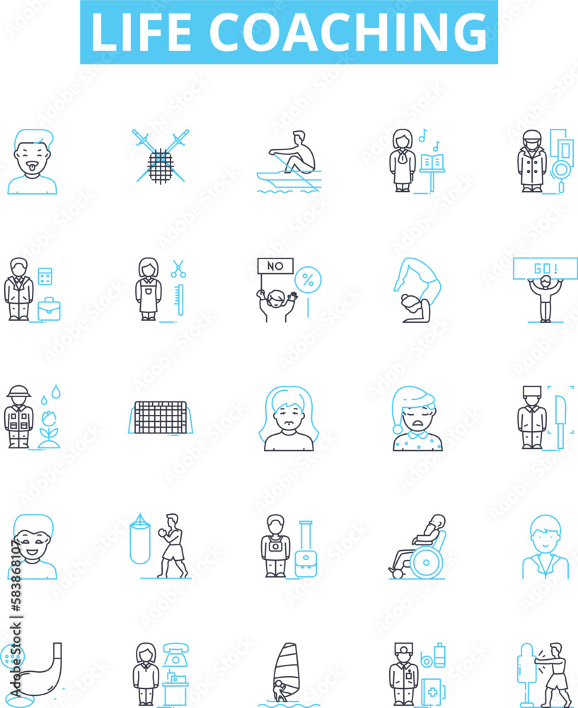 Life coaching vector line icons set. coaching, life, transformation, success, mentoring, self-help, goal-setting illustration outline concept symbols and signs