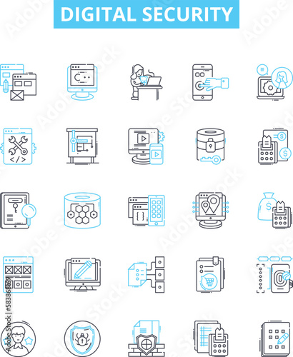 Digital security vector line icons set. Digital, security, cryptography, authentication, malware, virus, phishing illustration outline concept symbols and signs