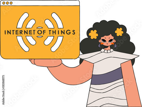 The girl grips the logo of the Internet of Things in her hands.