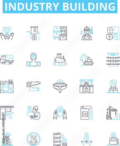 Industry building vector line icons set. Construction, Manufacturing, Investment, Fabrication, Outfitting, Engineering, Development illustration outline concept symbols and signs