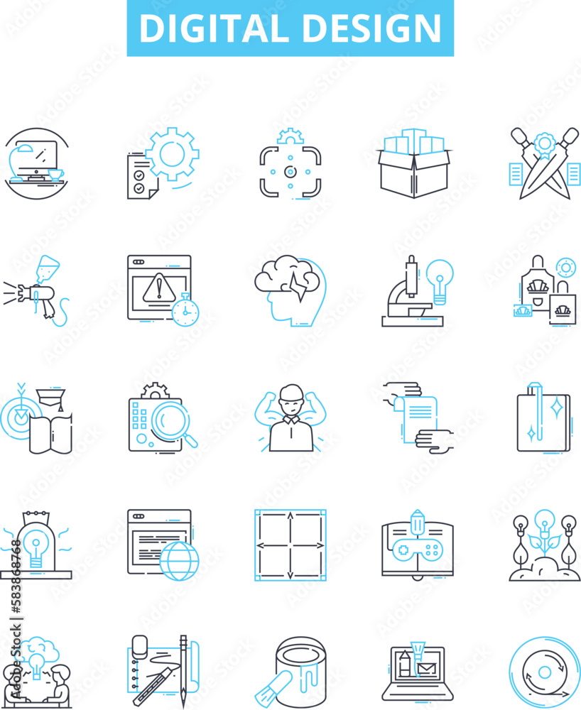 Digital design vector line icons set. Digital, Design, Web, Media, Interface, UX, UI illustration outline concept symbols and signs
