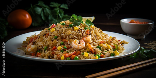 A plate of Khao Pad, fried rice with shrimp and vegetables generated by AI