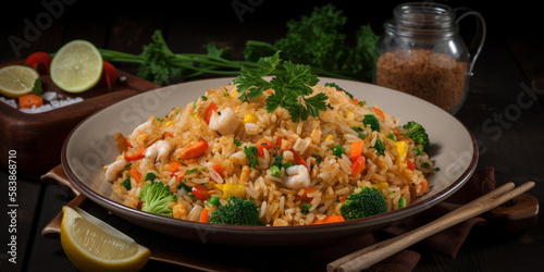 A plate of Khao Pad, fried rice with shrimp and vegetables generated by AI photo