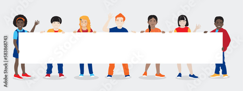 Multinational group of school kids, interracial students, diverse children, girls and boys stand holding together white blank banner, waving hands. Vector flat illustration isolated on grey background