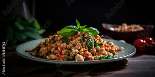 A plate of Pad Kra Pao, stir-fried minced pork with basil and chili generated by AI