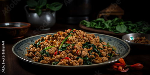 A plate of Pad Kra Pao  stir-fried minced pork with basil and chili generated by AI